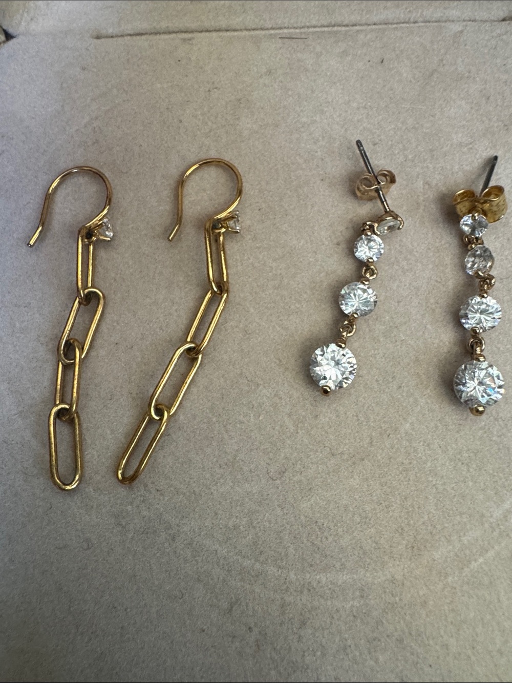 Nadri set of two Gold plated Drop Chain Earrings with Clear Crystal Dangles
